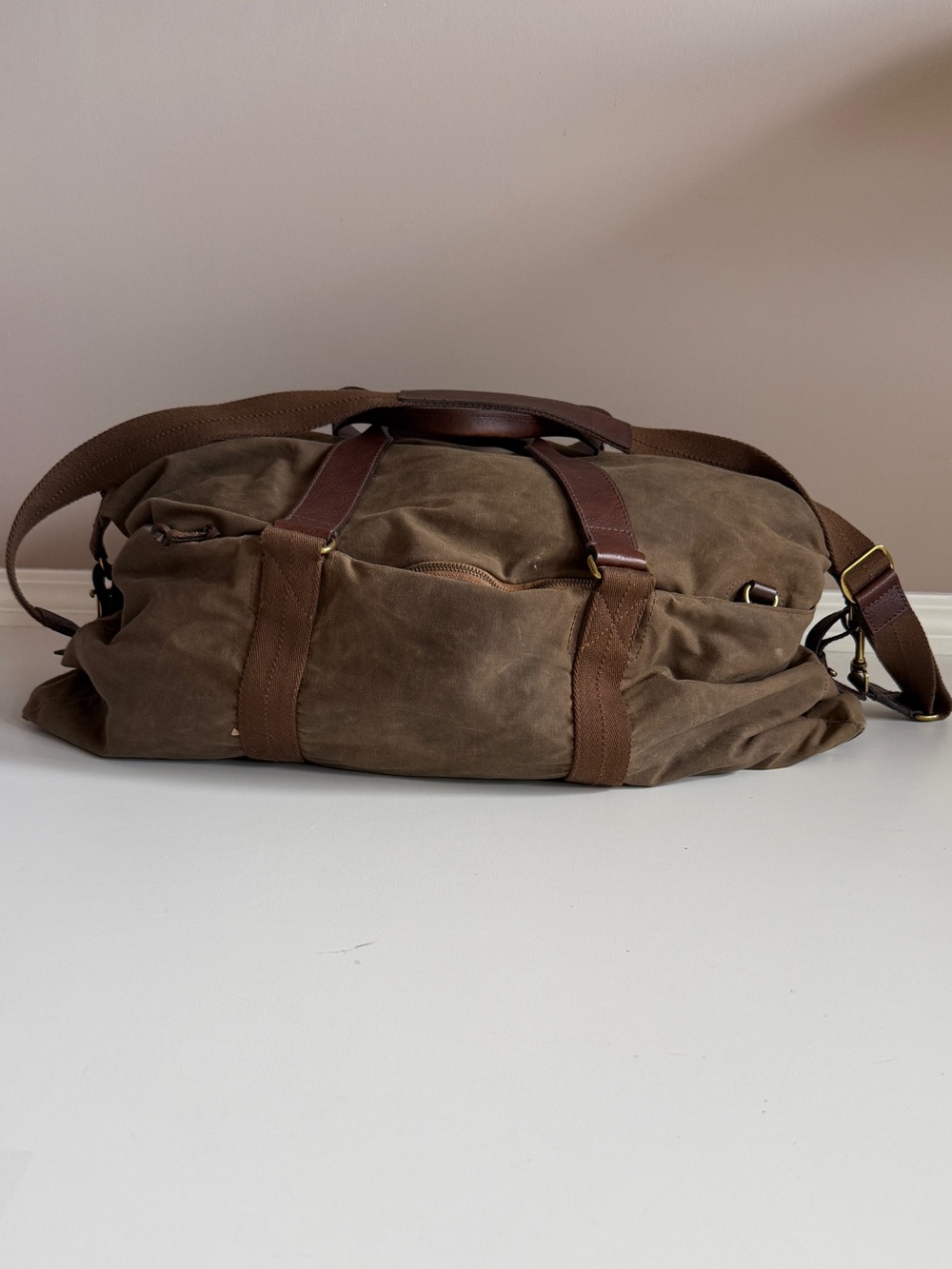 J. Crew Abingdon Waxed Canvas Duffel Bag Green Brown Utility Travel